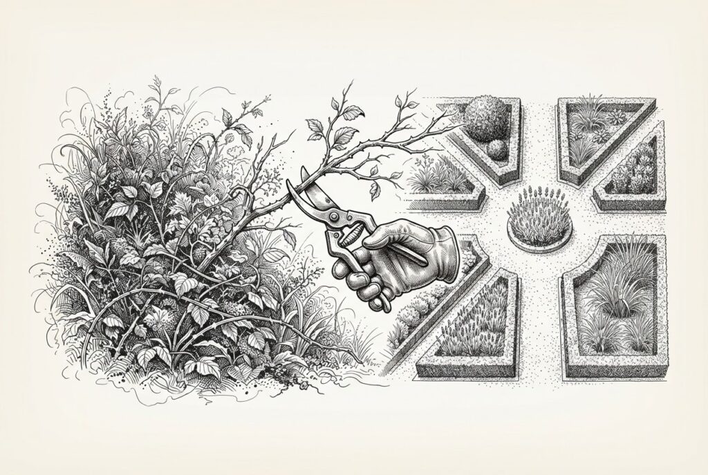 A wild, overgrown garden being transformed into a formal geometric garden with distinct beds and pathways — a gloved hand with pruning shears at the center captures the moment of transformation from chaotic growth to ordered design. Pen-and-ink engraving on warm aged paper.
