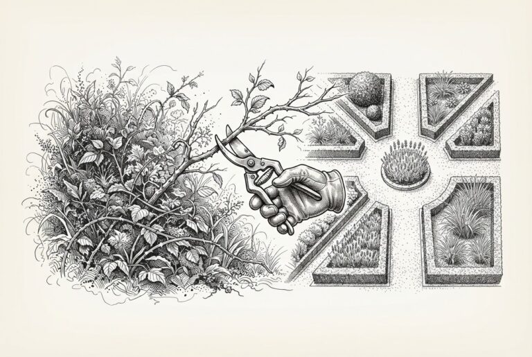 A wild, overgrown garden being transformed into a formal geometric garden with distinct beds and pathways — a gloved hand with pruning shears at the center captures the moment of transformation from chaotic growth to ordered design. Pen-and-ink engraving on warm aged paper.