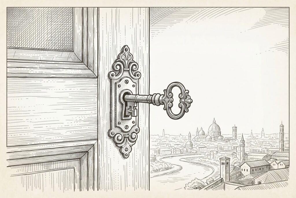 An ornate key in a lock mounted on a door without a frame - the regulatory mechanism exists but the boundary it secures is absent