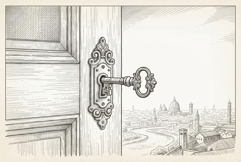 An ornate key in a lock mounted on a door without a frame - the regulatory mechanism exists but the boundary it secures is absent