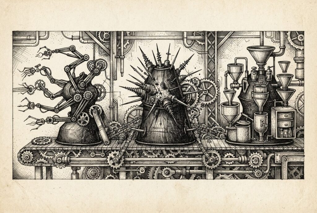 Three abstract mechanical forms connected by chains in horizontal sequence, each performing autonomous processing functions - the commodity AI agent attack pipeline without human presence.