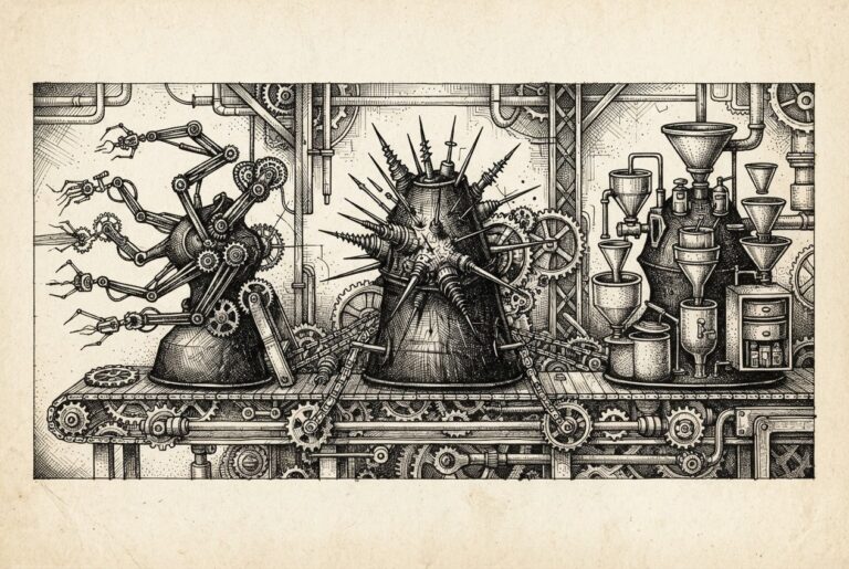Three abstract mechanical forms connected by chains in horizontal sequence, each performing autonomous processing functions - the commodity AI agent attack pipeline without human presence.