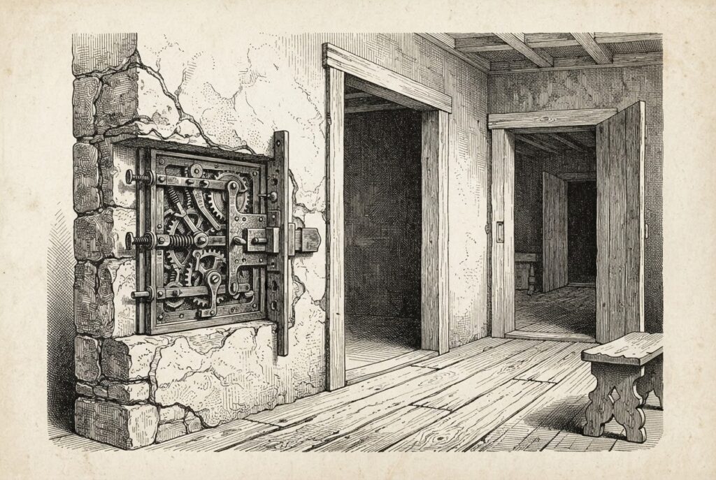 A domestic interior with a sturdy ornate lock mechanism embedded deep within a cutaway wall section, its gears and bolts visible in cross-hatch detail, while two doorways nearby stand wide open with no locks or protection — representing the gap between opaque platform defenses and unguarded consumer entry points.