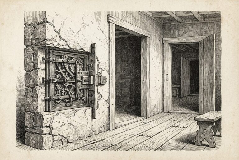A domestic interior with a sturdy ornate lock mechanism embedded deep within a cutaway wall section, its gears and bolts visible in cross-hatch detail, while two doorways nearby stand wide open with no locks or protection — representing the gap between opaque platform defenses and unguarded consumer entry points.