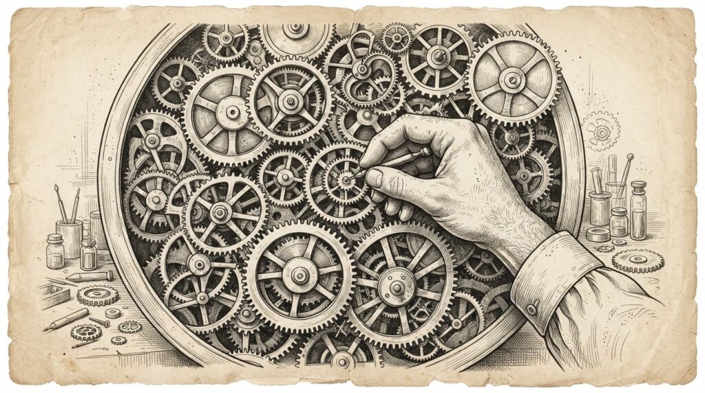 Pen-and-ink illustration of a watchmaker's hand adjusting interlocking gears in a clockwork mechanism, representing the continuous verification required to secure AI agent ecosystems.