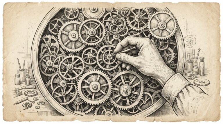 Pen-and-ink illustration of a watchmaker's hand adjusting interlocking gears in a clockwork mechanism, representing the continuous verification required to secure AI agent ecosystems.