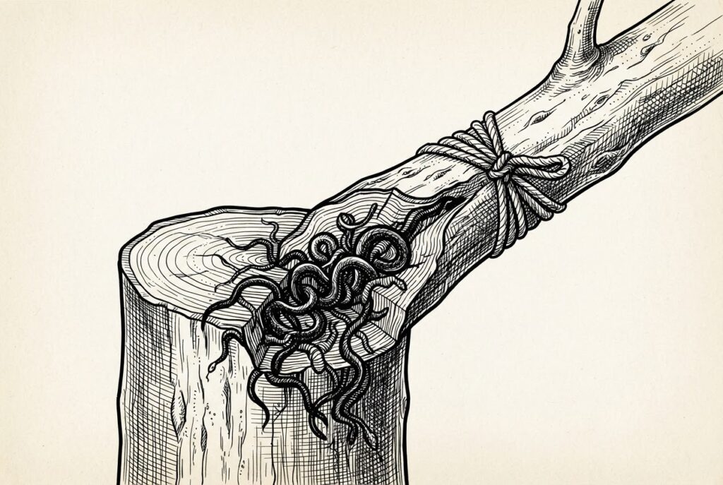 A close-up engraving of a tree branch graft junction where the outside looks healthy and seamless but the interior at the junction point is filled with dark tangled serpentine forms representing malicious code spreading from the extension into the healthy trunk's channels.