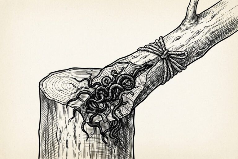 A close-up engraving of a tree branch graft junction where the outside looks healthy and seamless but the interior at the junction point is filled with dark tangled serpentine forms representing malicious code spreading from the extension into the healthy trunk's channels.