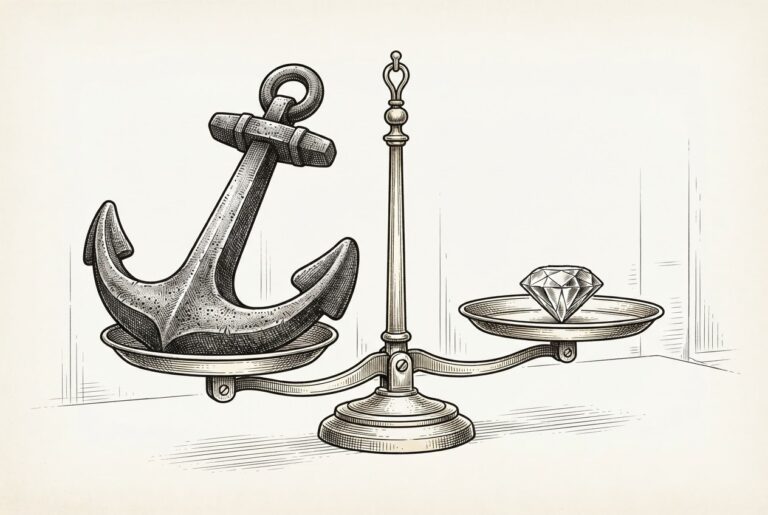 An antique brass weighing scale with a massive iron anchor on one pan and a single precisely-cut gemstone on the other, representing the fundamental difference between infrastructure mega-rounds and vertical specialist valuations
