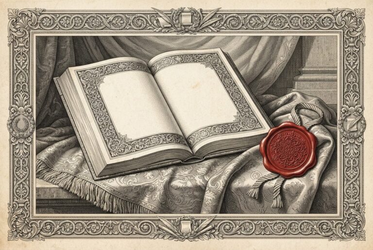 A classical open book with blank ornate pages beside a wax seal medallion on a draped cloth, surrounded by decorative engraving borders with floral patterns - allegorical representation of certification and underwriting as infrastructure