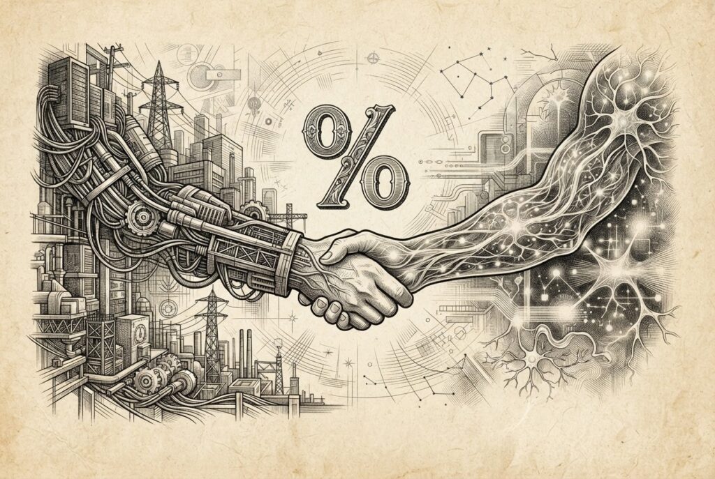 A handshake between two abstract figures - one composed of infrastructure elements (server racks, cables, power lines) and the other of neural pathways and abstract computation - with a percentage symbol floating between them, representing the equity stake.