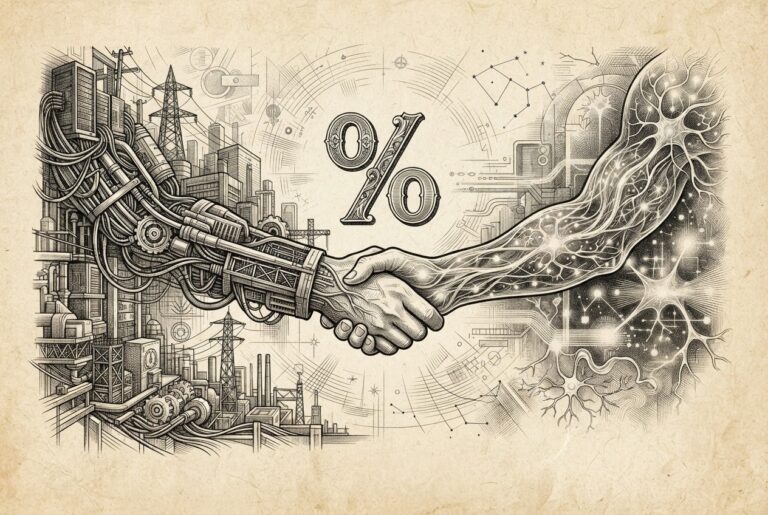 A handshake between two abstract figures - one composed of infrastructure elements (server racks, cables, power lines) and the other of neural pathways and abstract computation - with a percentage symbol floating between them, representing the equity stake.