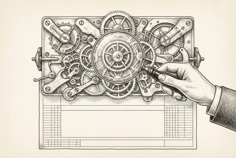 A Victorian clockwork mechanism inspected through a magnifying glass, with a large blank specification page visible beneath - the secured gears of runtime enforcement above, the missing coordination specification below.