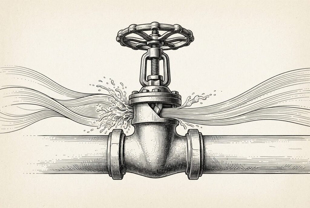 A single ornate Victorian mechanical gate valve mechanism with flowing streams of engraved lines approaching from the left - some passing cleanly through the open valve, others stopped dead by the partially-closed mechanism - representing runtime authority as continuous intent-based evaluation.