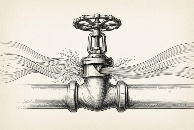 A single ornate Victorian mechanical gate valve mechanism with flowing streams of engraved lines approaching from the left - some passing cleanly through the open valve, others stopped dead by the partially-closed mechanism - representing runtime authority as continuous intent-based evaluation.