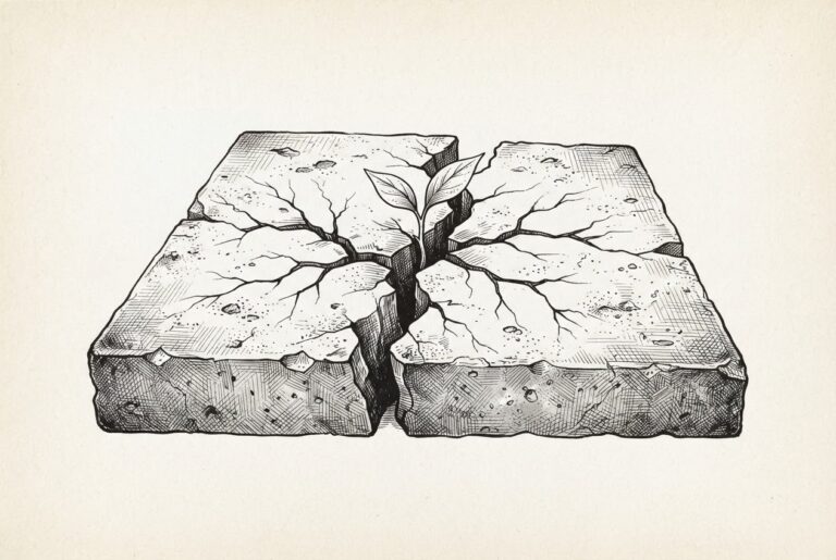A concrete slab cracked through its center with a small plant shoot emerging from the fracture - export controls fracturing under the pressure of indigenous capability breaking through