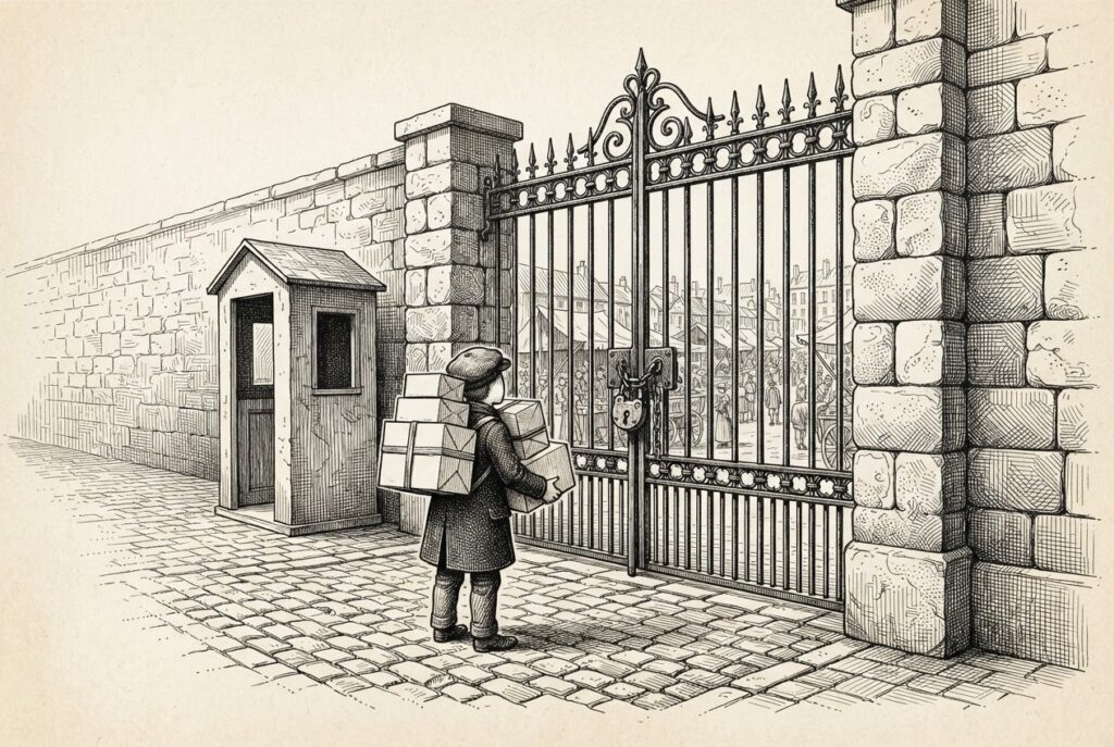 A small faceless figure carrying parcels stands at a tall locked iron gate in a stone wall, with a bustling marketplace visible through the bars but unreachable, representing a retailer's structural refusal to serve an AI shopping agent