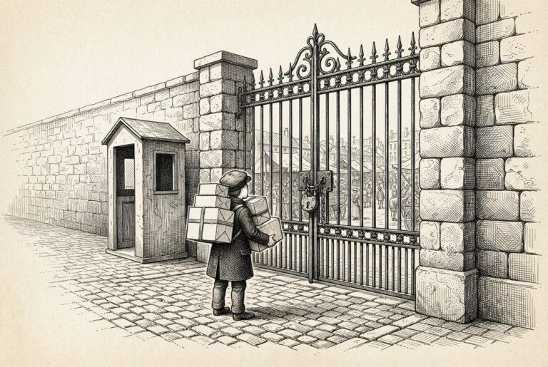 A small faceless figure carrying parcels stands at a tall locked iron gate in a stone wall, with a bustling marketplace visible through the bars but unreachable, representing a retailer's structural refusal to serve an AI shopping agent