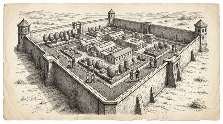 A walled compound viewed from above with high stone walls and watchtowers. Inside the walls, small formal figures walk predefined inspection paths along the perimeter — embedded inspectors, not guards. The compound represents a frontier AI laboratory with controlled access. Monochrome pen-and-ink engraving on warm off-white paper with visible cross-hatching and stippling.