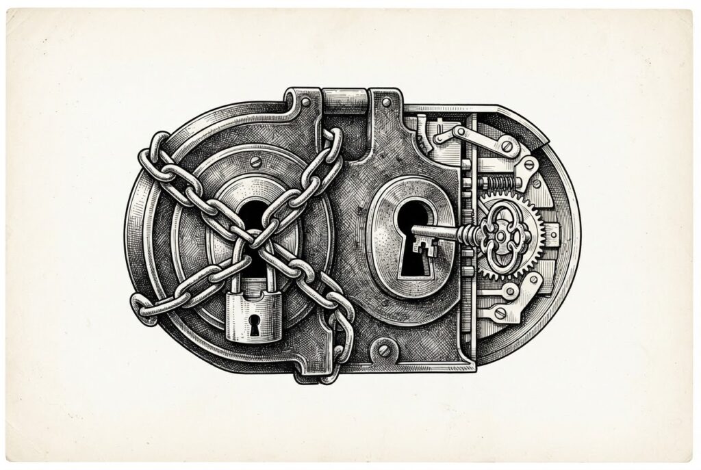 An ornate lock with two keyholes: one bound by a chain and padlock, the other open with a key - symbolizing the dual-entity structure of Anchorage's USDGO rewards program navigating the GENIUS Act's yield prohibition.