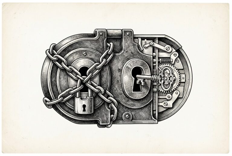 An ornate lock with two keyholes: one bound by a chain and padlock, the other open with a key - symbolizing the dual-entity structure of Anchorage's USDGO rewards program navigating the GENIUS Act's yield prohibition.