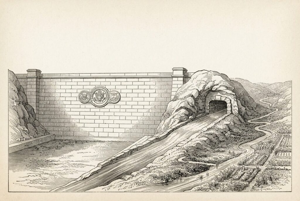 Cross-section of a massive stone dam blocking a river channel, with the main channel dry on the downstream side, but a separate bypass tunnel carrying water past the obstruction to a fertile valley below - metaphor for the GENIUS Act yield prohibition and the separate-entity rewards structure