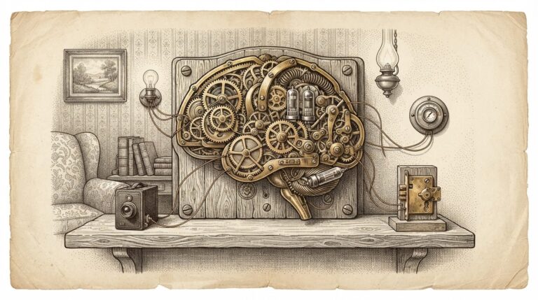 A mechanical brain made of brass gears and clockwork mechanisms bolted to a simple wooden shelf in a domestic living room, with small connected devices radiating outward like limbs connected by thin copper threads, symbolizing local AI processing in the home.