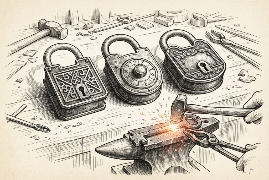 Three ornate antique mechanical locks of different designs sit on a workbench, with a single master key being forged in the foreground—representing Ant Group's attempt to unify competing agentic commerce protocols while acknowledging the rollout is slower than expected