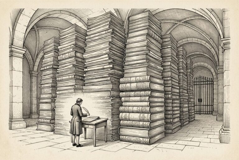 A vast vault filled with towering stacks of capacity commitment documents dwarfing a small evaluator figure reviewing papers at the base - governance overwhelmed by the scale of what it must contain.