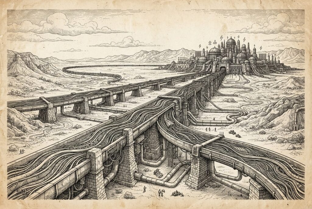 A massive industrial aqueduct carrying data streams across a vast dry Australian landscape - inference-only compute infrastructure at massive scale