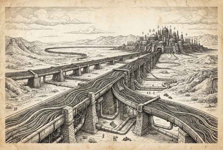 A massive industrial aqueduct carrying data streams across a vast dry Australian landscape - inference-only compute infrastructure at massive scale
