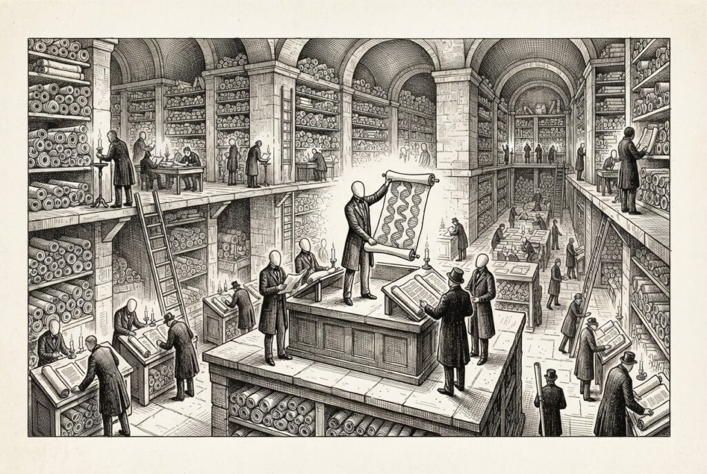 A vast library of ancient scrolls and manuscripts with faceless figures (agents) examining texts, one figure holding up a scroll revealing a repeating pattern - the moment of discovery.