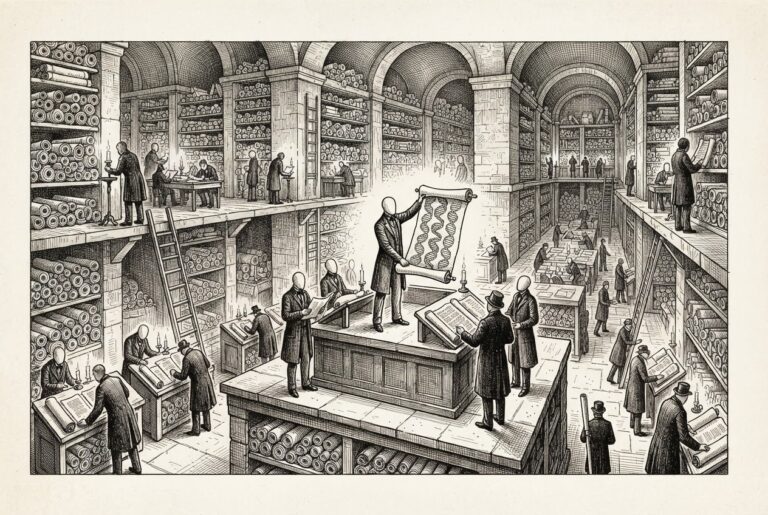 A vast library of ancient scrolls and manuscripts with faceless figures (agents) examining texts, one figure holding up a scroll revealing a repeating pattern - the moment of discovery.