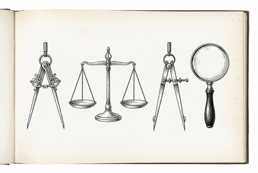 A merchant's precision instrument set - compass, scales, dividers, magnifying glass - arranged on paper with no money or coin visible. The tools of assessment absent the medium of exchange.