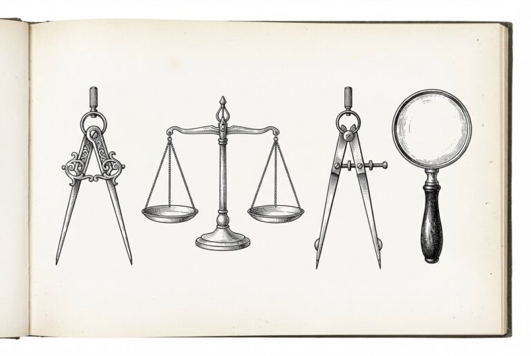 A merchant's precision instrument set - compass, scales, dividers, magnifying glass - arranged on paper with no money or coin visible. The tools of assessment absent the medium of exchange.