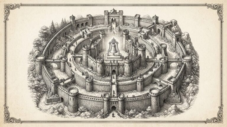 Monochrome pen-and-ink engraving of three interlocking layers forming a fortress around a stylized IPO bell, representing Anthropic's pricing, access, and privacy strategy