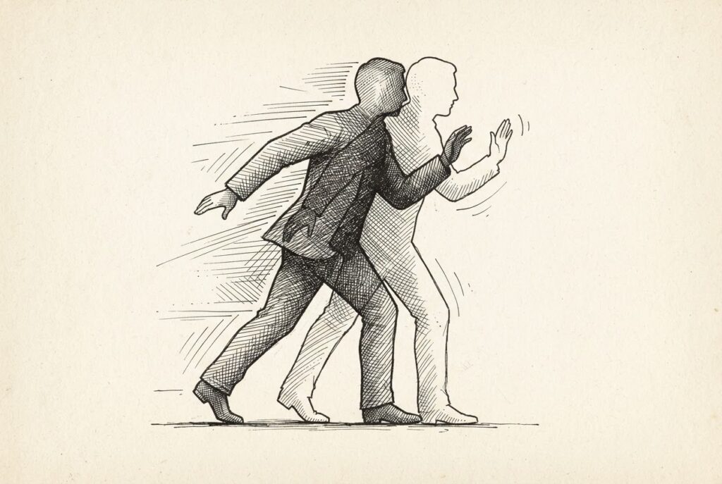 A single human figure rendered as a double-exposure — two overlapping silhouettes on the same page. One leans forward with urgency and motion; the other leans back with deliberation and pause. The contradiction lives in one body.