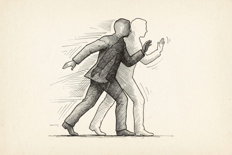 A single human figure rendered as a double-exposure — two overlapping silhouettes on the same page. One leans forward with urgency and motion; the other leans back with deliberation and pause. The contradiction lives in one body.