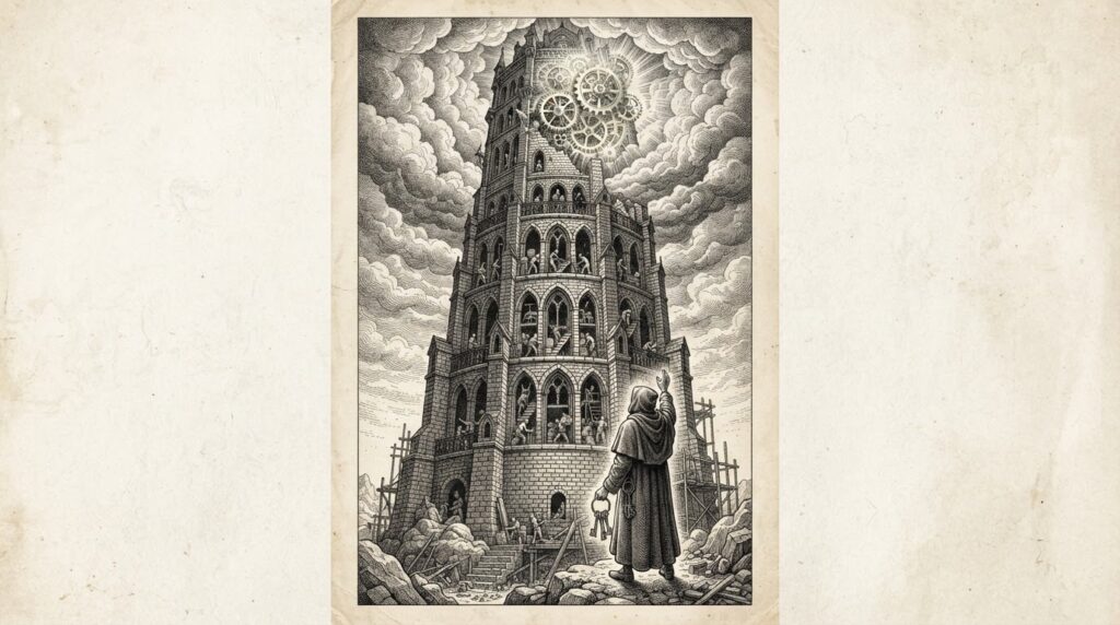 Victorian pen-and-ink engraving of a massive stone tower rising from foundations into clouds with a hooded figure at the base holding keys and reaching toward glowing mechanical gears near the top, representing Nvidia's dual control of both physical infrastructure and computing supply