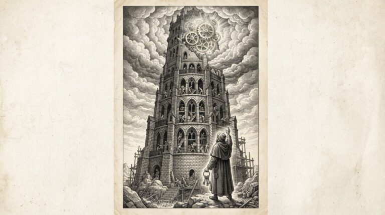 Victorian pen-and-ink engraving of a massive stone tower rising from foundations into clouds with a hooded figure at the base holding keys and reaching toward glowing mechanical gears near the top, representing Nvidia's dual control of both physical infrastructure and computing supply