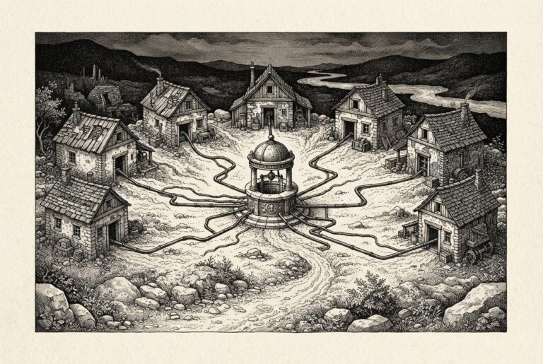 Seven unmarked workshops arranged in a semi-circle, each with a thin pipe siphoning from a single ornate central well - industrial-scale unauthorized distillation of intelligence