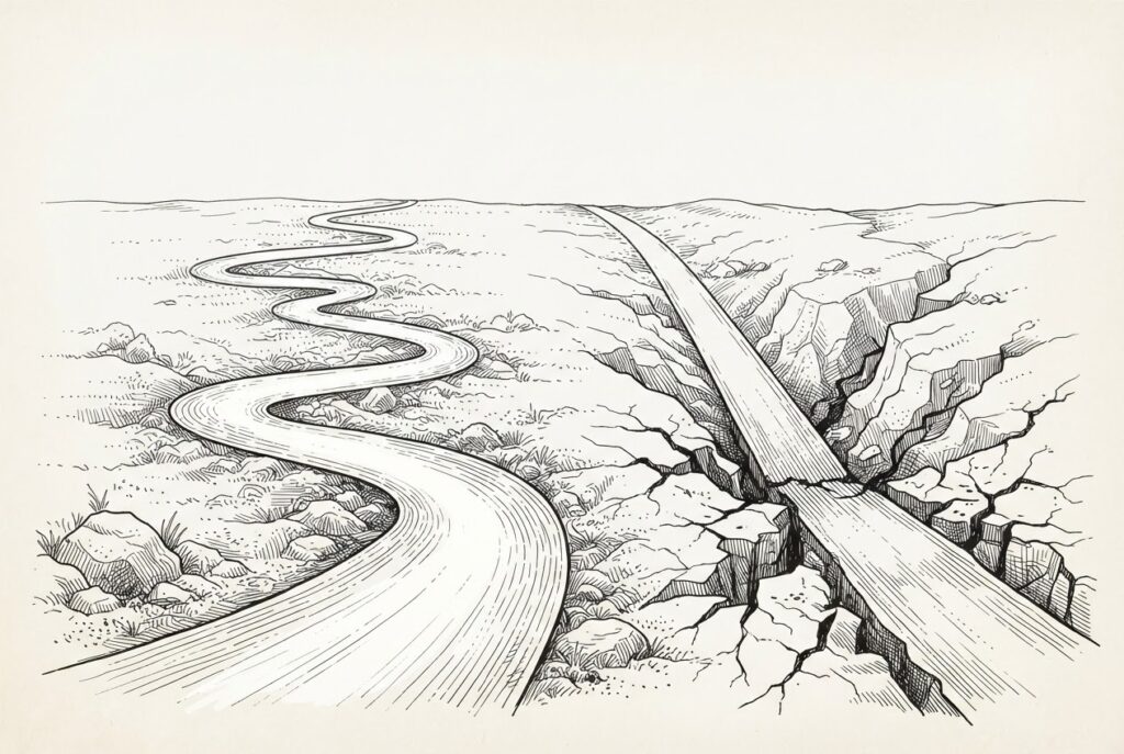 Two diverging paths through a landscape - one methodical and winding ascending a hill, one straight and fast descending into a fractured valley - representing safety-first strategy overtaking aggressive scaling.