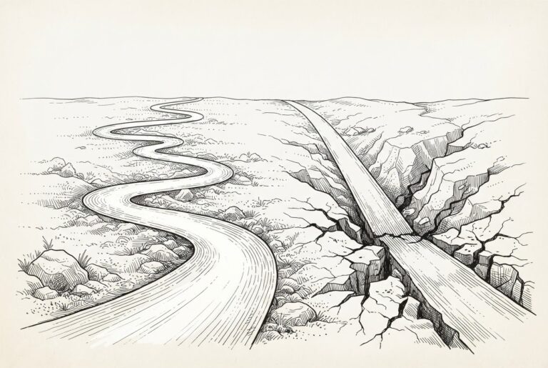 Two diverging paths through a landscape - one methodical and winding ascending a hill, one straight and fast descending into a fractured valley - representing safety-first strategy overtaking aggressive scaling.