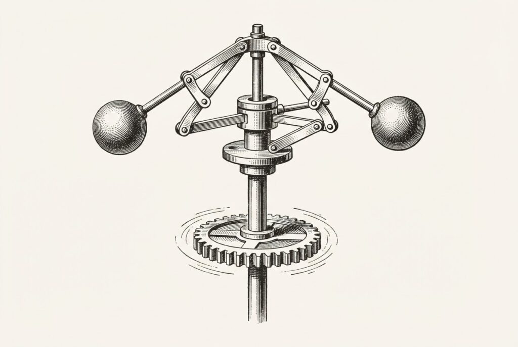 A clockwork ball governor with its balls pulled fully outward at maximum velocity, mounted on the same vertical shaft as the drive gear below. Monochrome pen-and-ink engraving on warm paper.