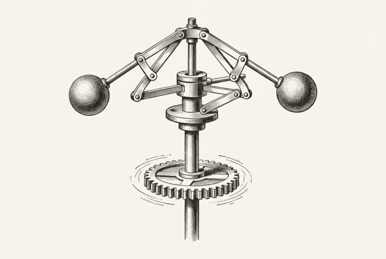 A clockwork ball governor with its balls pulled fully outward at maximum velocity, mounted on the same vertical shaft as the drive gear below. Monochrome pen-and-ink engraving on warm paper.