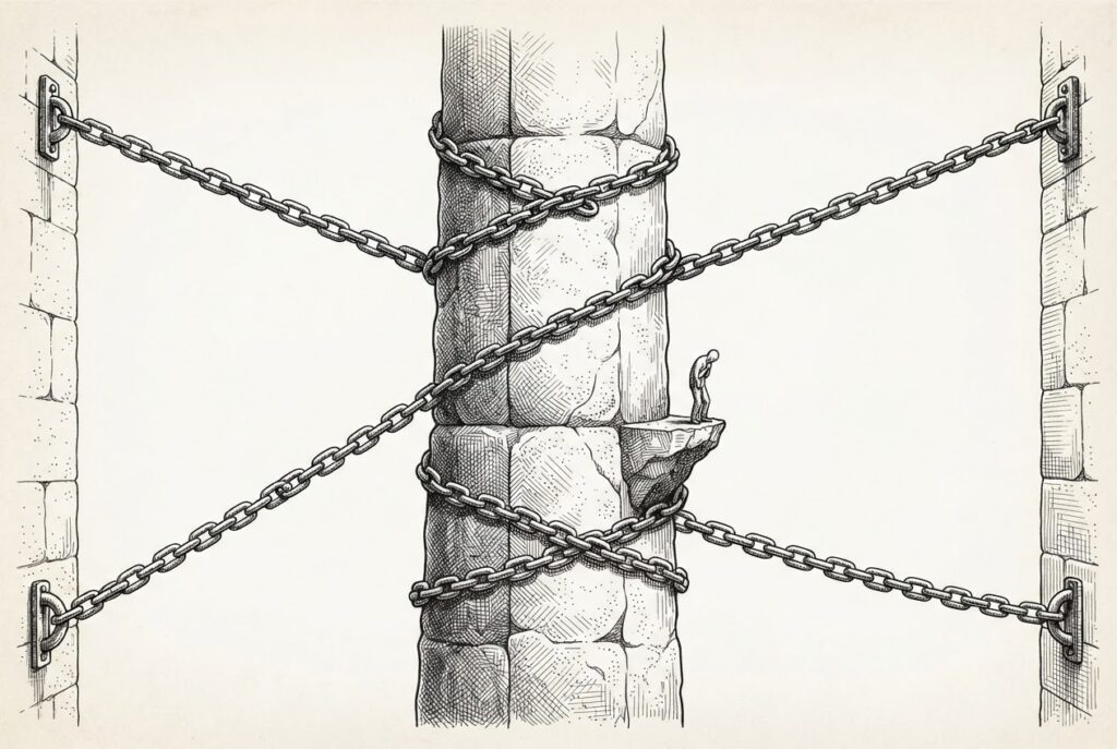 A massive stone pillar wrapped with seven heavy iron chains extending to anchors in surrounding walls, with a tiny faceless figure on a precarious ledge - representing structural dependency and inescapable compute obligations.