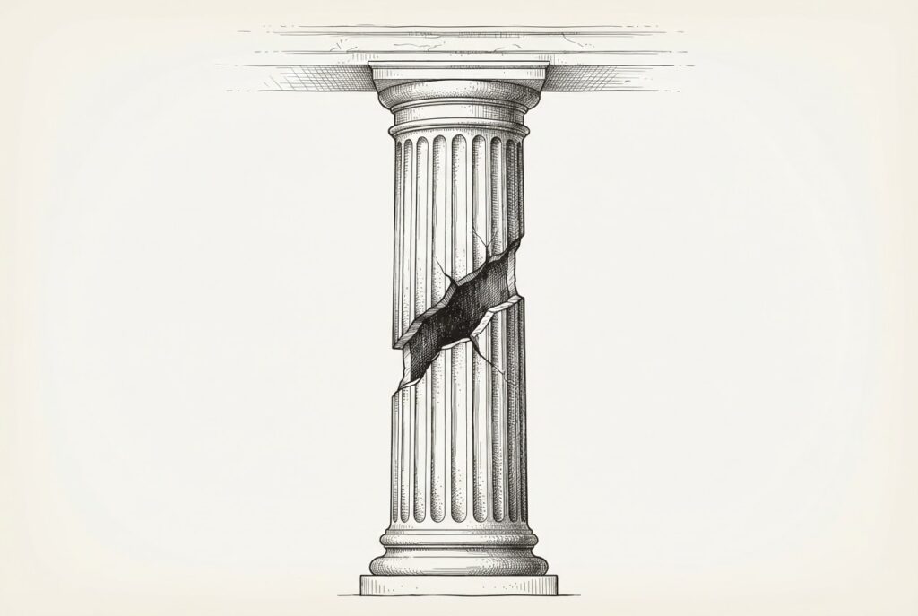 A single classical column with a prominent diagonal crack running through its center, the hollow interior exposed - the safety thesis as structural support fracturing under the weight of a $2 trillion listing