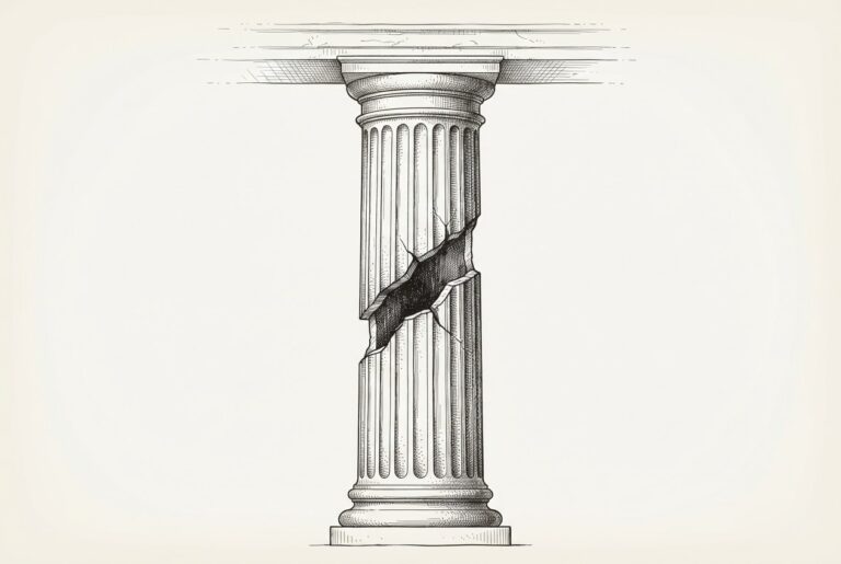 A single classical column with a prominent diagonal crack running through its center, the hollow interior exposed - the safety thesis as structural support fracturing under the weight of a $2 trillion listing