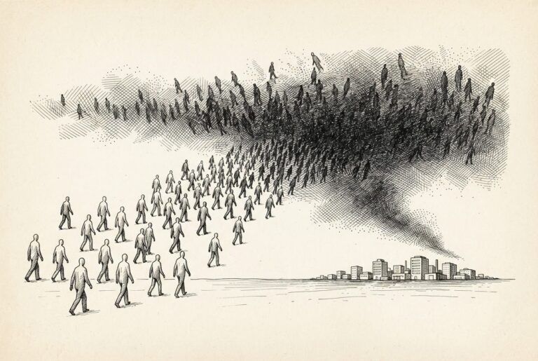 A murmuration of faceless identical figures merging from distinct individuals into a vast dark collective swarm, dwarfing the tiny office and data center buildings far below - representing AI agent swarms overwhelming the enterprise infrastructure meant to contain them.