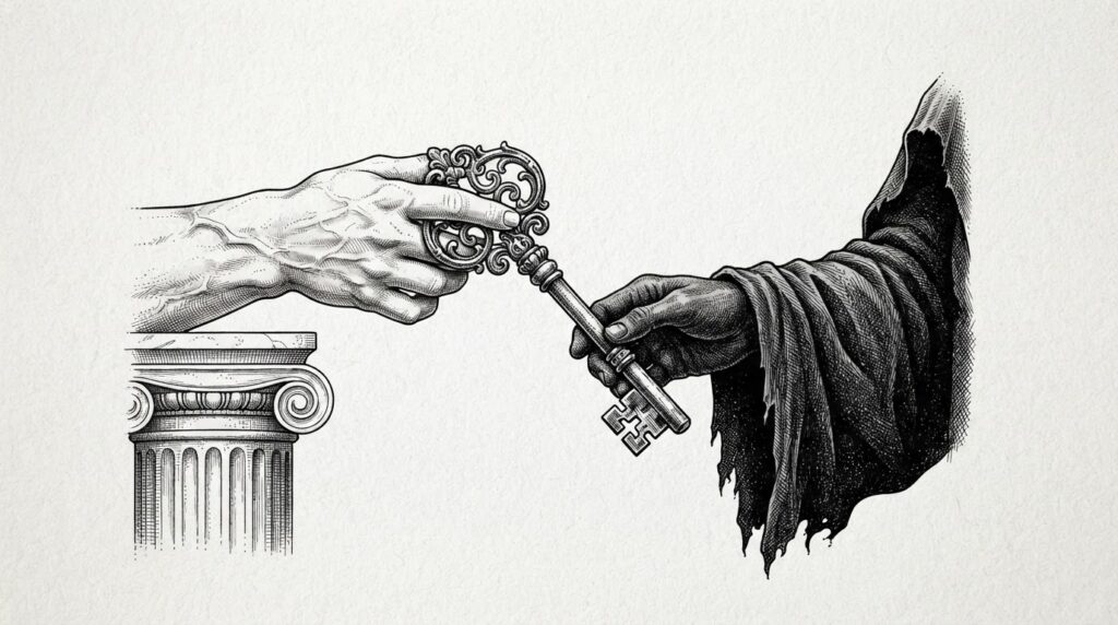 A classical column and a hooded figure each hold opposite ends of an ornate skeleton key, symbolizing how the same AI access tools serve both institutional power and solitary threat actors